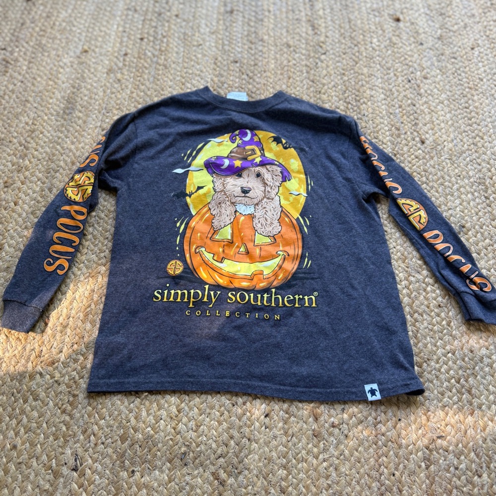 Simply Southern Youth Small Halloween Hocus Pocus Dog Pumpkin Long Sleeve Shirt
